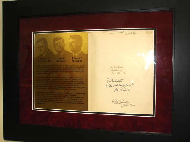 Autograph , Joseph, Robert, and John F. Kennedy.: Songs of Harvard, signed by Robert Kennedy, Joseph P. Kennedy and John F. Kennedy. the Kennedy family attended the institute of Harvard University. the book was signed over many years after the Kenned