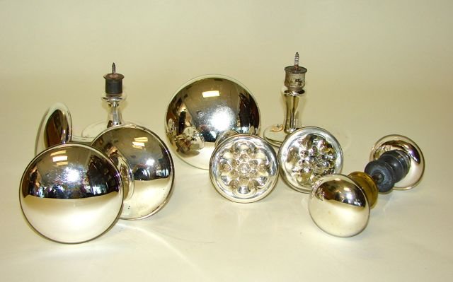 (8) Assorted Mercury Glass Tiebacks & Door Knob.: Various patterns, sizes, some with etched decor.
