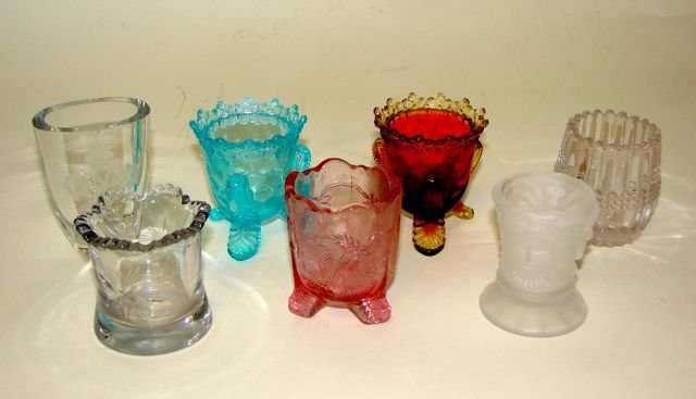 Collection of 7 Glass Toothpick Holders.: Various makes, patterns.