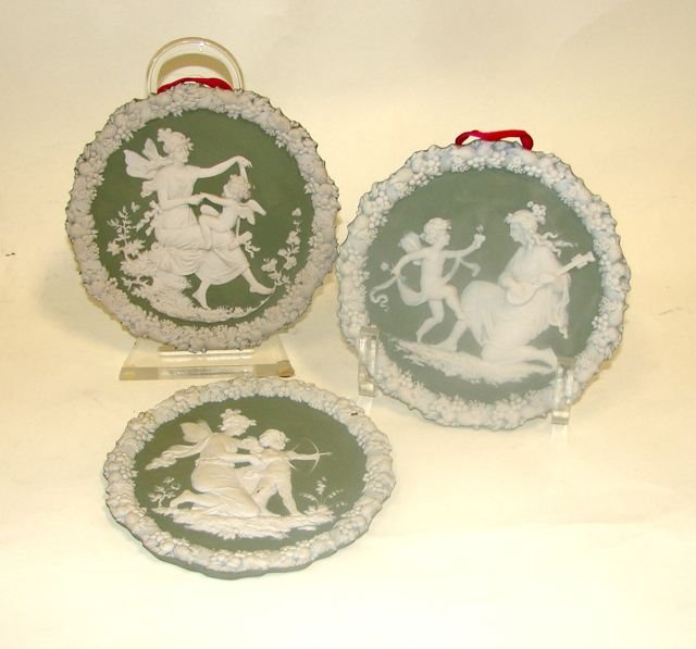 Set of Three (3) Jasperware Plaques.: Psyche & Eros, green and white, number impressed verso. D - 7."