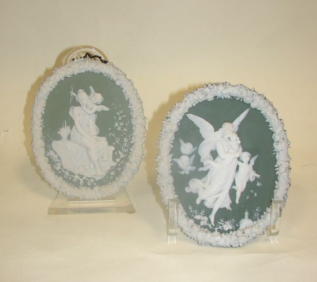 Pair (2) Jasperware Plaques.: Psyche & Eros, green and white oval format. Depiction Psyche & Eros and Angel with Cheri bum. H - 8, W - 6.25"."