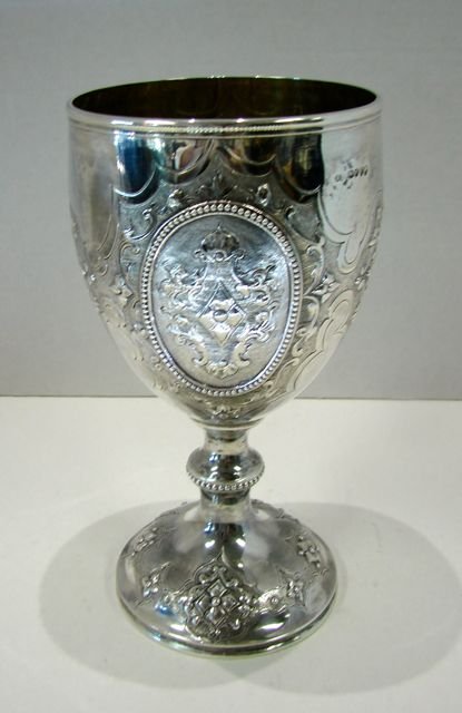 English Sterling Silver Chalice, Victorian 1878/79: Robert Harper, maker mark. Monogrammed "MJ". 11.2 troy ounces. H - 8.5".