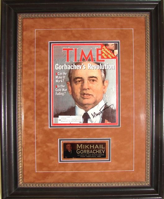 Autographed Time Magazine Cover Gorbachev.: General Secretary Gorbachev signed the cover of time magazine with a sharpie in 1987 while visiting the Unites State of America to sign the treaty of the total elimination of the U.S. and Soviet inter