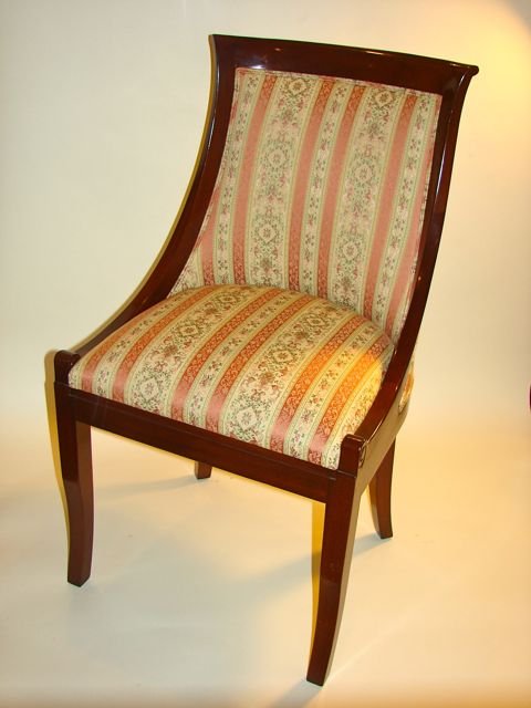 Set of four (4) Smith and Watson Side Chairs.: H - 36". In the Regency Style with upholstered side and back seats, carved wood frames with manufactured label on bottom of seat.