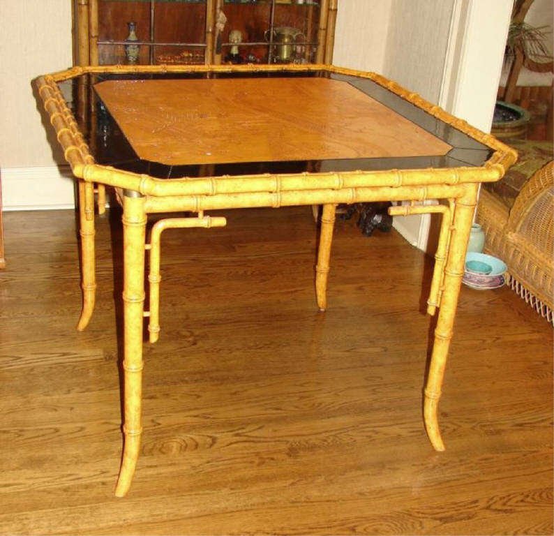 Sheraton Style Custom Game Table.: H - 30", W - 38", D - 38" Custom 20th century reproduction, having a coromandel lacquer top, supported on four legs all carved and finished in faux bamboo, lacquered finish.