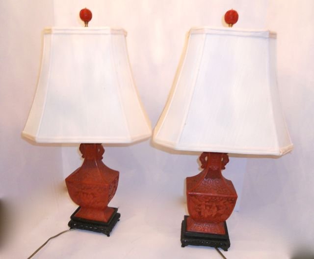 Pair (2) Chinese Cinnabar Vase Form Table Lamps.: height of vase is 10". 23" including shade and finial. Archaic form vases with custom silk shades. Very good condition, small crack at the tome of one urn and wood base is broken (but with all the pie