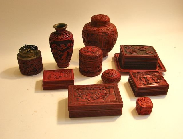 Ten Pieces of Chinese Cinnabar Lacquer ware.: Comprising of six cover boxes, two vases, etc.