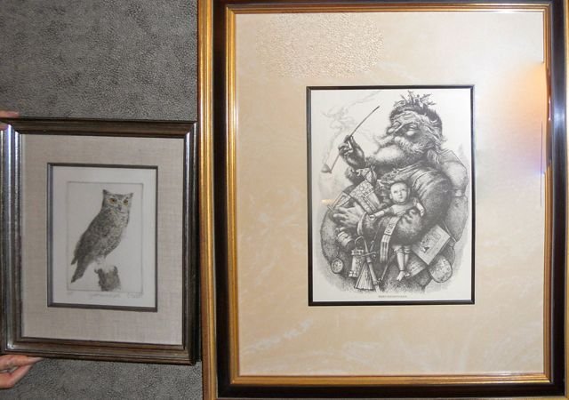Two Framed Prints, Santa Claus and Owl.: H - 26", W - 23", Santa Clause. H - 15", W - 12", Owl.