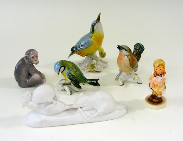 Group of six (6) Porcelain Figurines.: Including 3 German birds, 1 small Goebel girls, 1 Lladro monkey, and 1 Parian porcelain of two mice signed V. Peter.