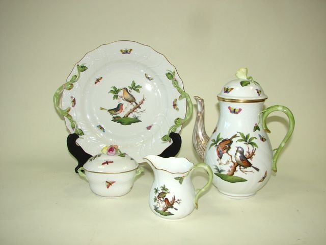 Four (4) Piece Herend Coffee Service, Rothchild Bird.: Including Coffee pot, creamer, covered sugar bowl, and two handled cake plate. Condition: mint.