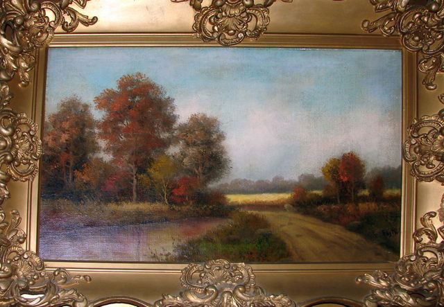 Oil Painting, River Landscape, British School.: European School, late 19th century. View of a river landscape with shade trees. No apparent signature, gilt frame. 11.5 x 17.5 in. framed to 19.5 x 25 in.