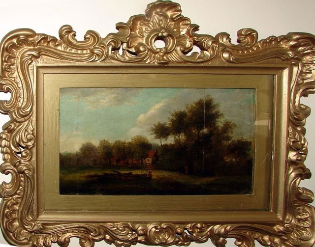 Oil on Board, English Landscape with Cottage.: Mid 19th C. British School, unsigned. Gilt frame 6 x 9.5 in. framed to 9 x 14 ins.