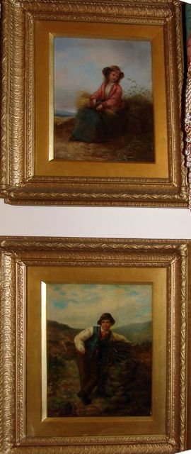 Pair (2) Oil Paintings, Young Lad and Lassie.: Charles Frederick Lowcock (1878 - 1922) H - 10, W - 7.5." Each, framed to H - 17", W - 14". Framed under glass, oil on canvas showing old restorations."