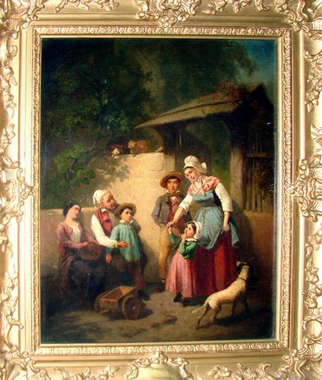 Oil Painting, Exterior Genre Scene, 19th C.: European, 19th century. Depiction of children in a court yard with tenders. Signed Marchi. Condition: some buckling of canvas. Signed illegible lower left. H - 15, W - 12.5", framed to H - 22", W - 19