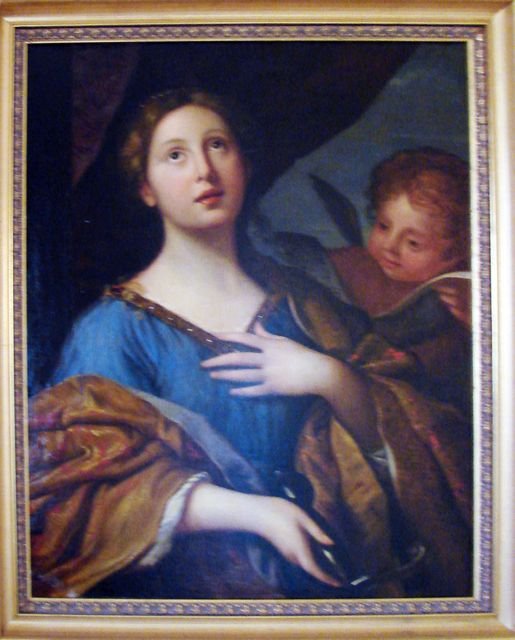 Oil on Canvas, St. Cecilia. J. R. Lantour.: 19th Century Italian school. Signed Right middle area. J.R. Lantour, dated 1838 December 30th. 29 x 24 in. framed to 36 x 31 in.