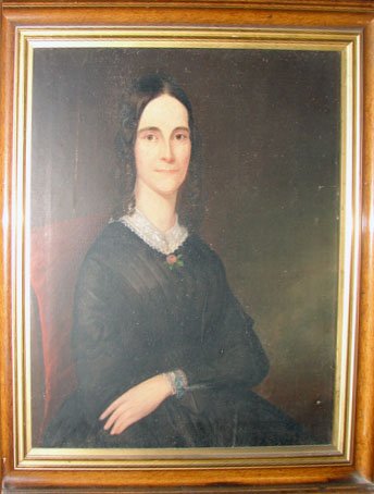Oil painting, Portrait of Emily McClellan, C.1850.: A good American primitive painting in the Hamish Proctor style of a portrait of Emily Mc Clellan, of the Boston area, married into the Burbank family. In the original frame. H - 29, W - 24", framed" t