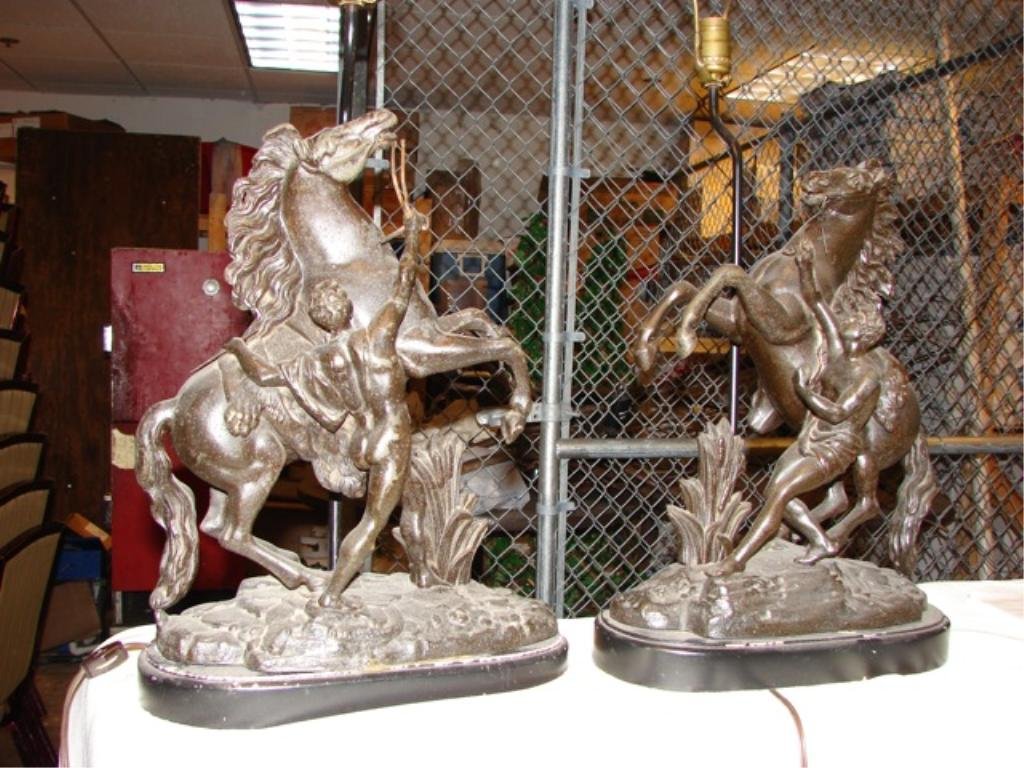 Pair (2) Metal Marley Horse Table Lamps.: Composed of spelter metal, with a nice bronze patina. mounted onto lamps with wood bases., no shades.