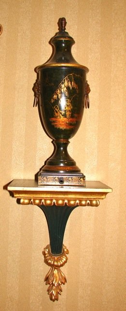 Pair (2) Tole Urns and Brackets.: Chinoiserie decor. Urn height - 18 in. Bracket height - 14 in.