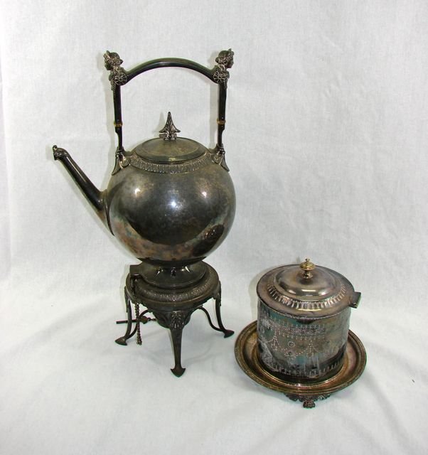 Plated Water Kettle w/Stand and Bisquit Caddy.: The kettle in the Egyption Revival style, height 17.5 inches, the biscuit daddy height - 7 inches.