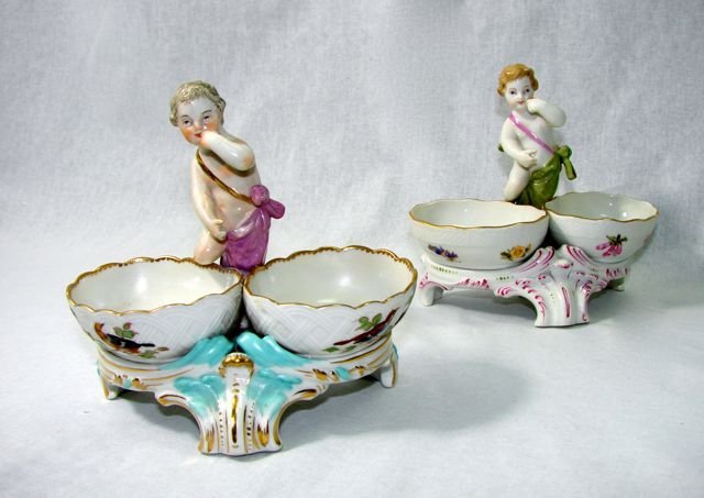 Pair (2) KPM Porcelain Open Salts.: Cherub figural surmounts.