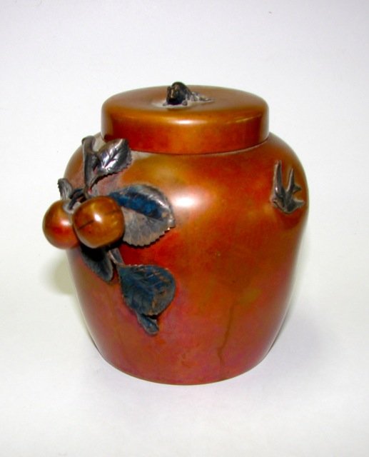 Rare Gorham Copper Silver Clad Covered Vase.: Height 3.75 ins. Having silver and copper raised decor, a cluster of cherries, and a swallow on the body of the vase, a baby mouse perched on the lid. Minor dents.