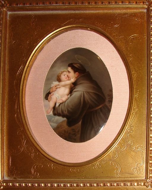 KPM Porcelain Plaque of St. Frances Infant Jesus: Oval format, H - 7, W - 5", frame H - 16", W - 14 inches."