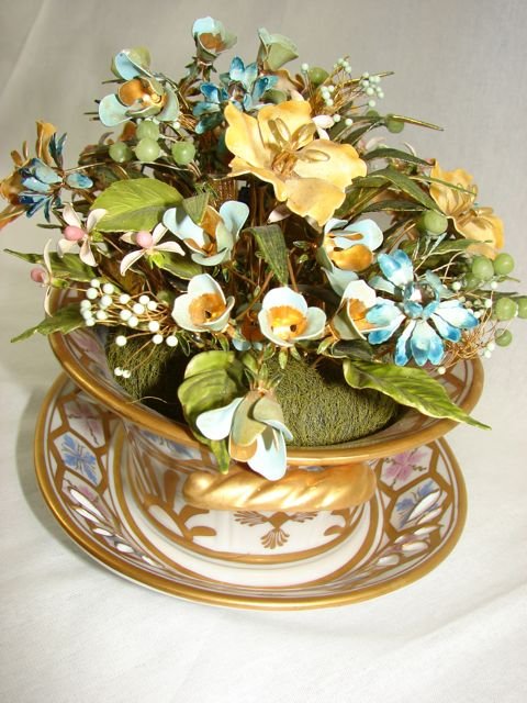 Gorham Porcelain & Brass Cache Pote.: Enameled brass floral bouquet set into a bowl and underplate. Height 7 inches. Designed by Jane Hutchenson.