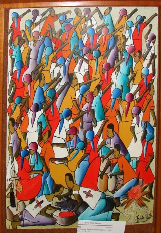 Masonite. Jamaican Scene w/ Figures.: Artist, Fritzrock. H - 16, W - 12"."