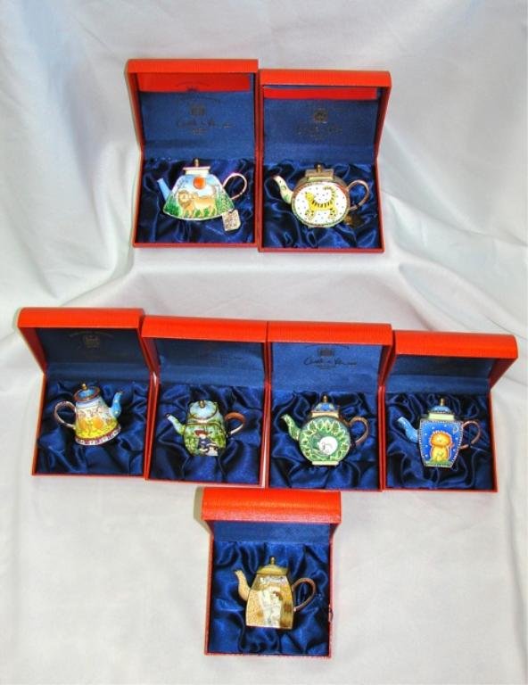 Set of Seven Charlotte Vita Enamel Teapots.: Complete with registration tags, presentation box. Each in its original presentation box with papers. Including Two Sister bb Renoir, three Ages by Gustav Klimt, Harvest Mouse Teapot, Time To Go Home,
