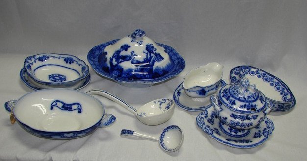 Assorted Flow Blue Porcelain Serving Pieces.
