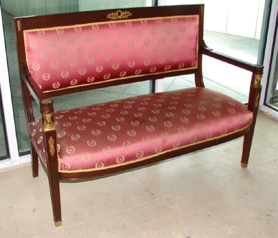 French Empire Style Settee.: Upholstered back and seat, bronze mounts. Condition: missing one bronze mount, some staining.