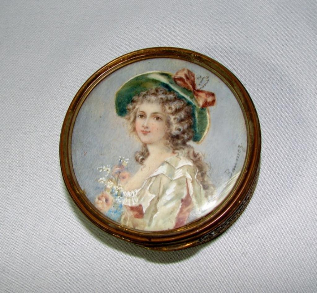 Brass and Miniature Ivory Portrait Trinket Box.: the miniature portrait on ivory, portrait of a beauty, signed "Baumez". The bottom of the box is inscribed, Marie Burr Fiske, From Anne, October nineteen hundred."