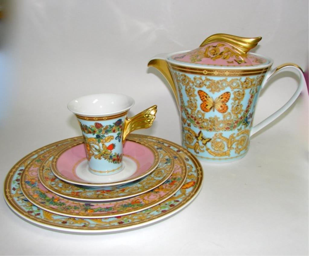 Versace China Service for Twelve. "Le Jardin".: Including 12 dinner plates, 12 salad plates, 12 dessert plates, bowl, 11 tea cups and saucers.