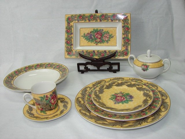 Rosenthal China Service for Six.: 6 dinner plates, 6 soup bowls, 5 salad plates, 6 dessert plates, 6 cups/saucers. Plus sugar bowl, covered serving bowl and two rectangular platter.