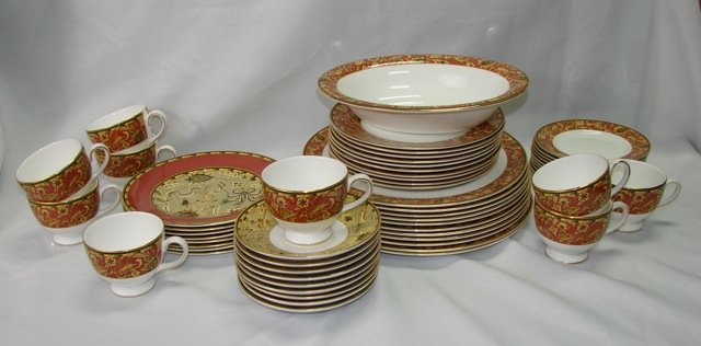 48 Piece Wedgwood China Service, Persia Pattern.: Comprising 18 salad plates in two patterns, 10 dessert plates, 11 dinner plates, 9 cups/saucers, one serving bowl.