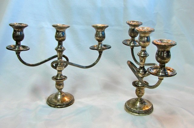 Pair (2) Sterling Silver Candelabra, Amer. 20th C.: Three Branches. Weighted. Height 10 ins.