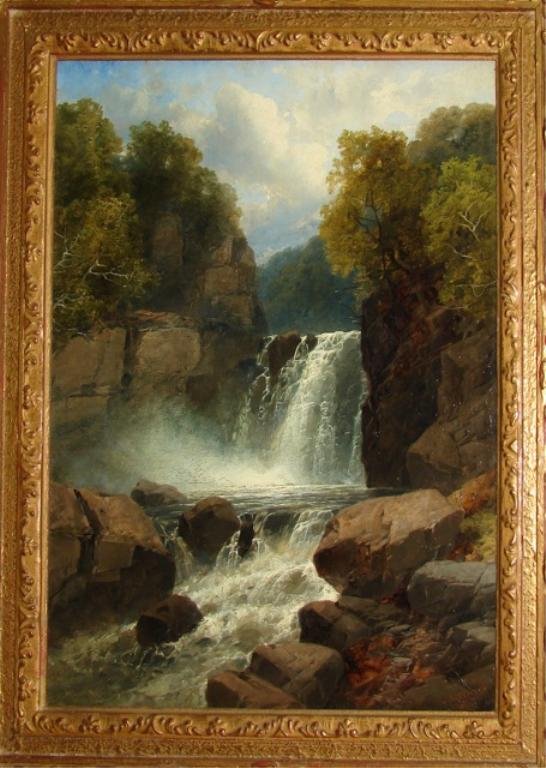 Painting, James Burrell Smith, Waterfall w/Bridge.: Signed and dated 1877 lower right, James Burrell Smith, British 1822 - 1897. 18 x 14 inches.