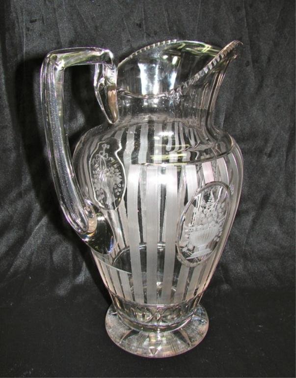 Old Etched and Cut Glass Water Pitcher.: Height - 10.5 inches. This vase appears to be in pristine condition. No noted flaws or damages.