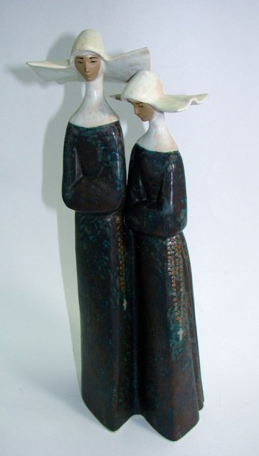 Lladro Gres Porcelain Figurines, Two Nuns.: H - 13."