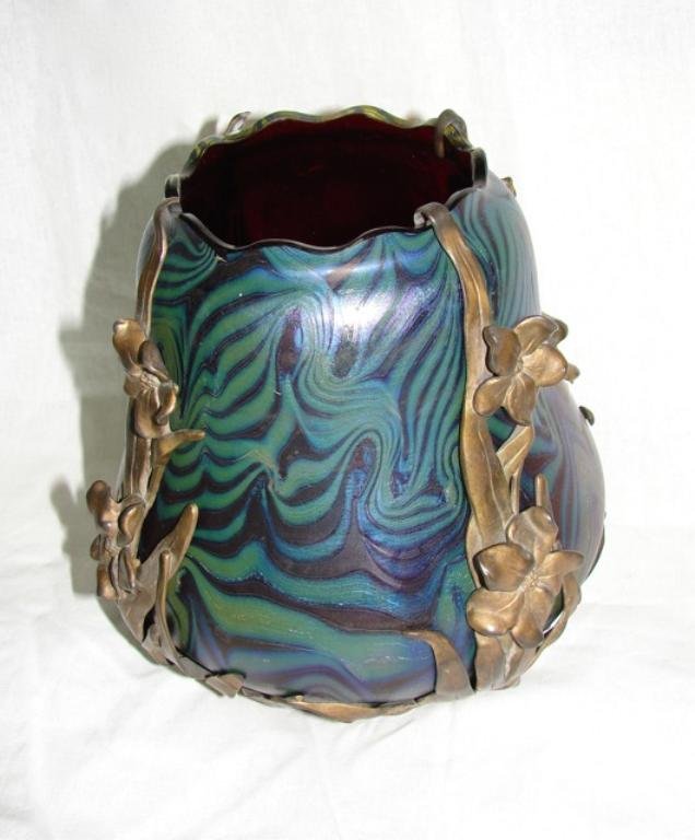 Loetz Metal Mounted Art Glass Vase.: The base of the metal is stamped "VANHAUTE". Height - 8 inches. Minor flea bite on the rim.
