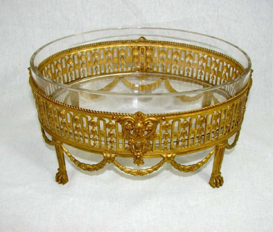 French Bronze Mounted Crystal Center Bowl.: Oval form, 5.5 x 10.5 inches. In good condition.