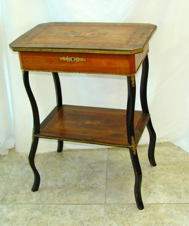 Italian Marquetry Inlaid Vanity Stand.: The hinged top with elaborate inlaid reserve of bird on flowering branch, opening to a fitted and mirrored interior. supported on four cabriole legs joined by a shelf base. 29 x 22 x 15 inches. Condit