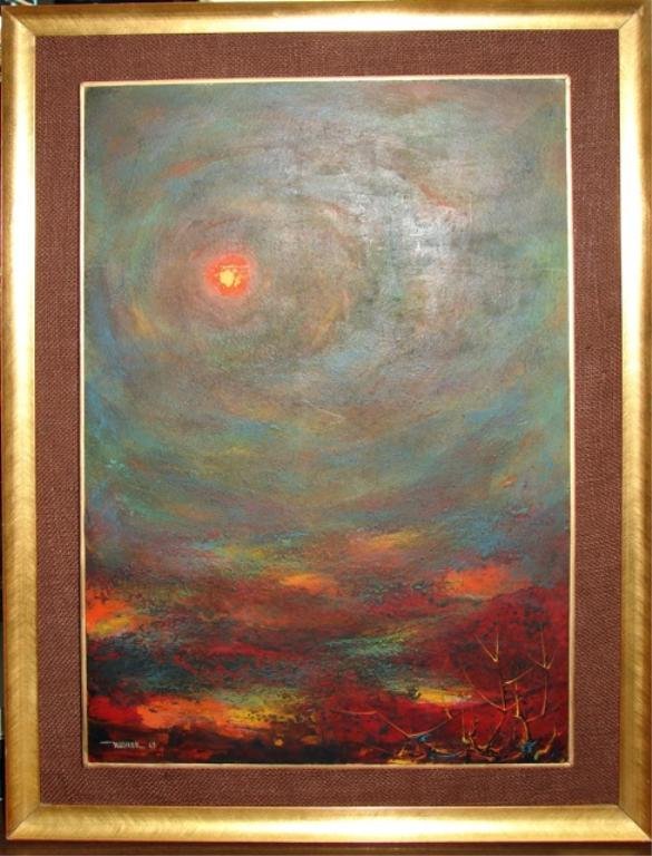 Leonardo Nierman, Oil on masonite, Landscape.: 24 x 16 inches, framed to 29.5 x 21.5 inches. Signed lower left. with the date 1963.