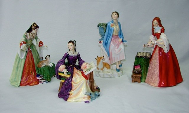 (4) Royal Doulton figurines, Queens of England.: Tallest height is 9 inches. Including Mary Tudor, Lady Jane Grey, Princess Elizabeth, Queen Elizabeth, Duchess of York.