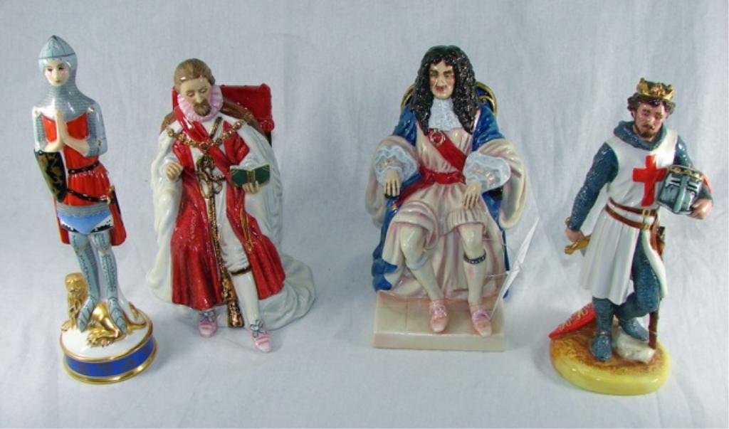 Four Royal Doulton Figurines, English Kings.: Including King James I, HN 3482, King Charles II, HN3825, Richard the Lion-Hearted, HN3675, and Sir Edward, HN2370.