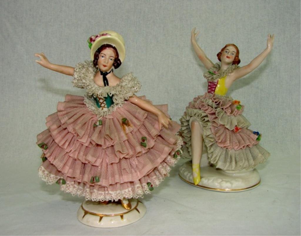 Two Bavarian Porcelain Lacy Figurines.: Some chips and damages. Height 6.75 inches each. Condition. Missing fingers, etc.