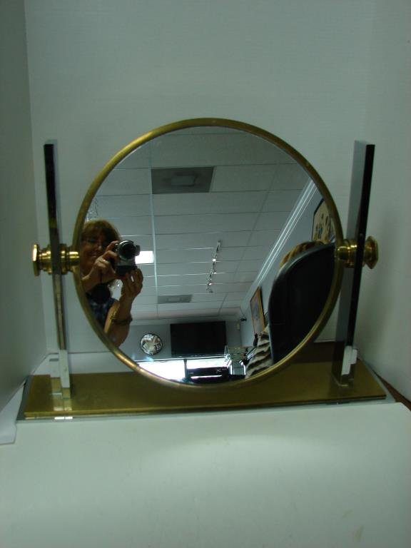 Large Bronze and Chrome Table Mirror.: Height 20 inches, diameter of round mirror - 17 inches.
