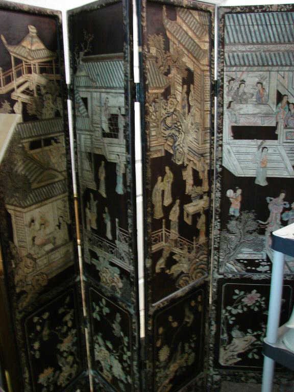 Chinese Lacquer Four Panel Floor Screen Early 20th: Height - 70 inches, width - 64 inches. Condition: showing some wear, chips.