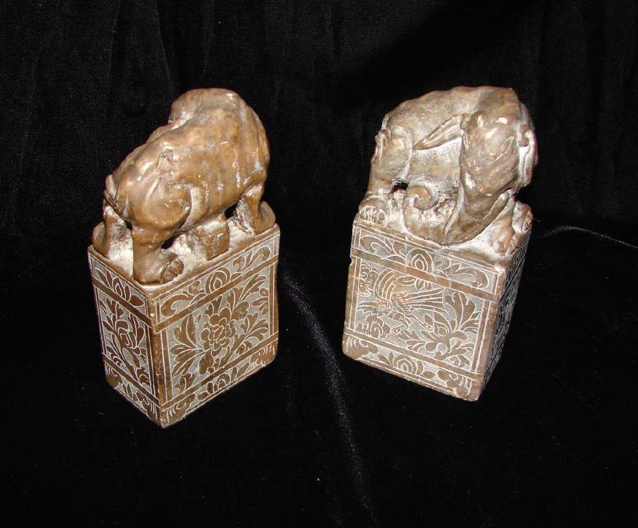 Pair (2) Chinese Carve Soapstone Elephant Seals: Height - 4.5 inches. Condition: some chips.