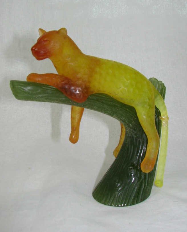 Daum Patte De Verre - Tiger on Branch, As Is: Height - 6 inches. Condition: tail of the tiger broke, glued.